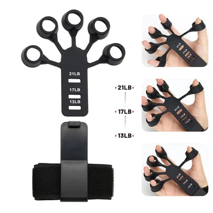 Black finger exerciser with adjustable resistance levels on a white background