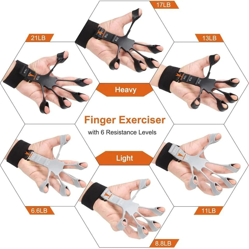Finger exerciser with 6 resistance levels on a white background