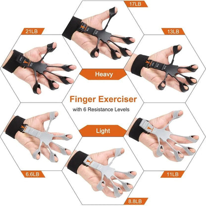Finger exerciser with 6 resistance levels on a white background