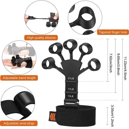 Black finger exerciser with adjustable band length and wrist strap, shown with measurements and features.