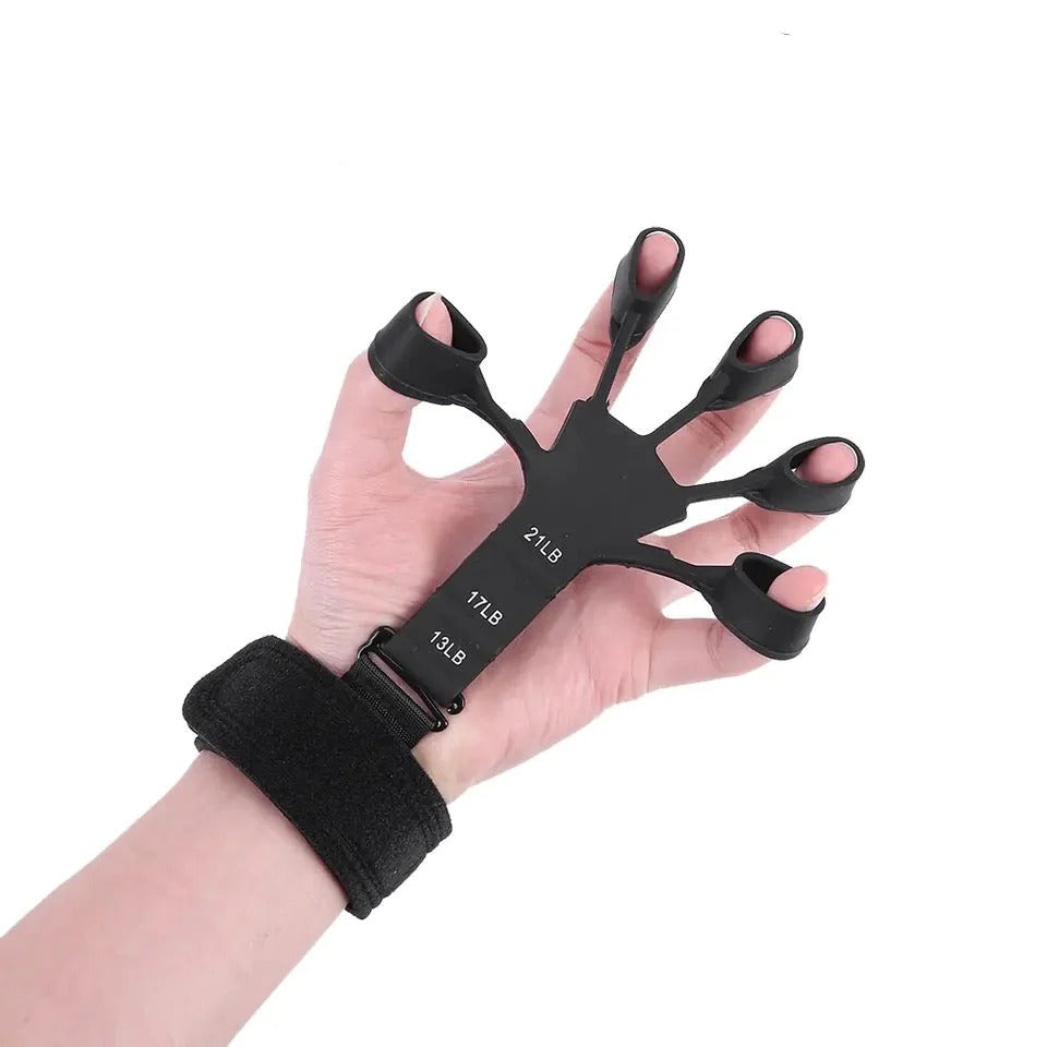 Hand with black wrist support and open palm glove on a white background