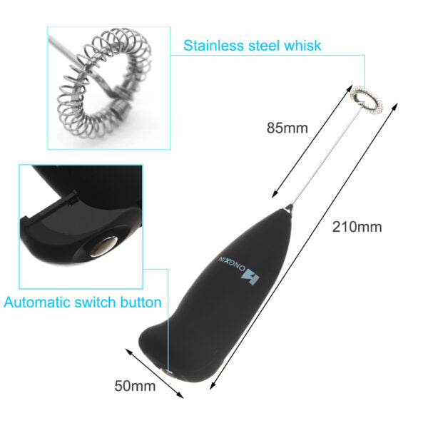 Black handheld device with stainless steel whisk and automatic switch button, showing measurements.