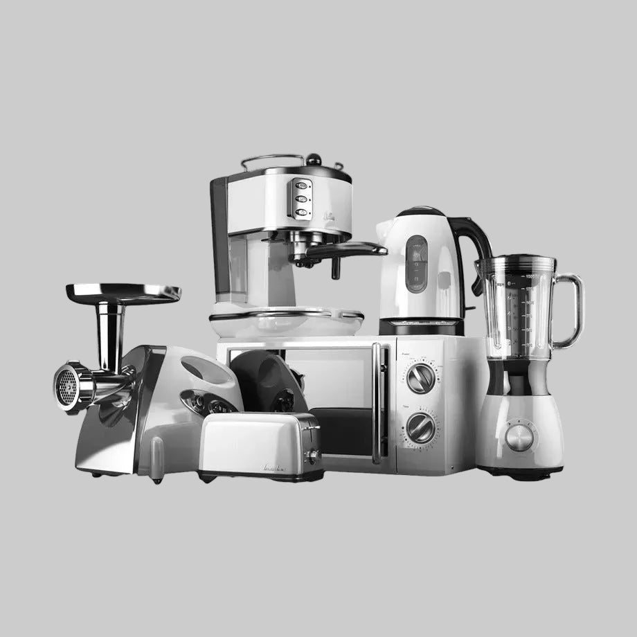Set of kitchen appliances including a coffee maker, blender, and meat grinder on a white background